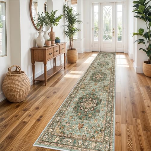 Washable Oriental Hallway Runner Rug: 3x14 Rugs for Living Room Ultra-Thin | Soft Carpet for Bedroom Kitchen Waterproof Floral Distressed Indoor Stain Resistant Non-Shedding Floor Carpets (Green, 3X14) - color: Green, size: 3' x 14' (Rectangular)