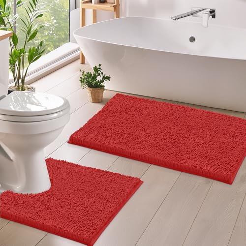 LuxUrux Red Christmas Bathroom Rugs Sets 2 Piece: Quick Dry, Soft Plush Anti-Slip, Super Absorbent. Includes Rectangular (31x20 inches) & U-Shaped Toilet Mat (20x20 inches) | Red - color: Red, size: 2 Piece Set