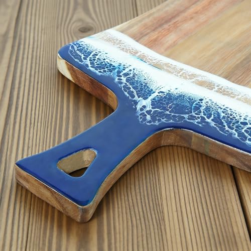 Cutting Board for Kitchen – 14.2" x 8.3" Wooden Serving Board with Handle for Steak Bread Cheese & Fruits – Blue ocean Resin Chopping Board, Easy to Clean - color: Blue