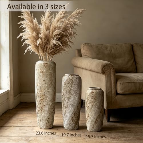 Rustic Ceramic Floor Vase, 15.7 Inch, Handpainted Finish | Living Room, Entryway, Fireplace, Pampas Grass, Dried Branches