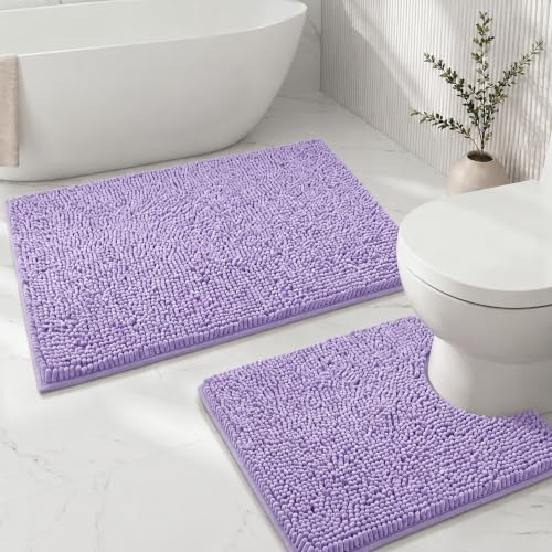 Bathroom Rugs Sets 2 Piece,Super Absorbent Soft,Thick,Machine Washable Chenille Bath Mat,Non Slip Toilet Floor Rug,Bath Mats for Bathroom,20x32 Plus 20x20 U Shape,Lavender Purple - color: Lavender Purple, size: 1'8" x 2'8" (20x32''+20x20''U shape)