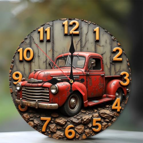 Vintage Red Truck Wall Clock Retro Decor10-Inch Wooden Wall Clock, Silent Movement, Artistic Home Decor, Perfect for Home Accents - color: Vintage Red Truck, size: 10x10inch(25x25cm)