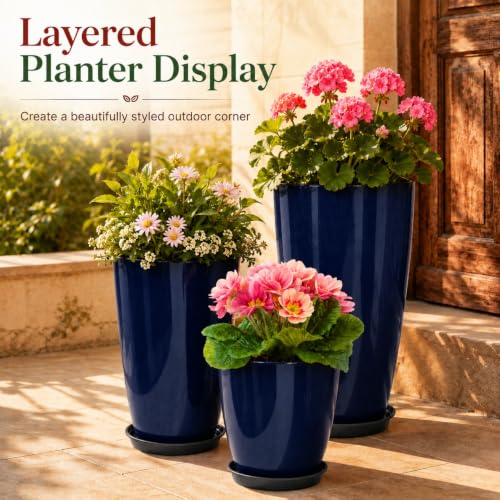Neoaider Set of 3 Tall Planter, 24/21/12in Large Plastic Planter, Blue | Ceramic-Look, Lightweight, Built-in Drain Hole, Saucers, Tall Outdoor Planter for Porch, Garden, Patio, Balcony - color: Blue