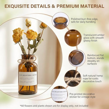 6.38 Inch 17oz Clear Glass Vase, Wide Mouth Flower Vase with Hemp Rope | Thickened Glass Body, Natural Hemp Rope, Smooth Wide Mouth, Stable Base, DIY Sticker Included, 2 Color Options - color: Amber
