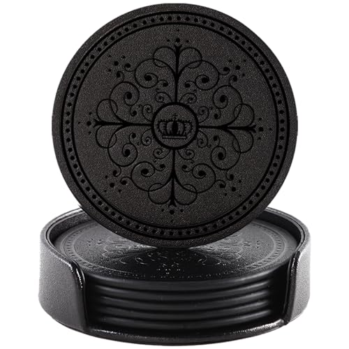 Coasters Set of 6 - PU Leather Coasters for Drinks with Holder - Black - color: Black