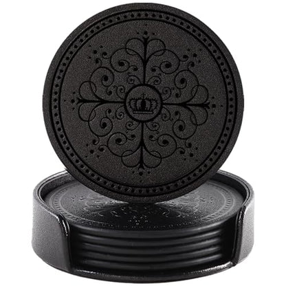 Coasters Set of 6 - PU Leather Coasters for Drinks with Holder - Black - color: Black