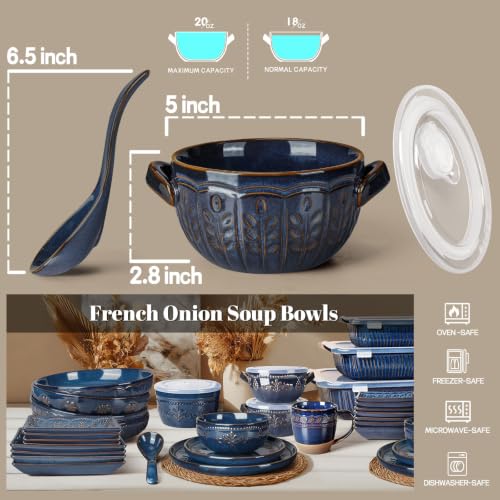 French Onion Soup Bowls with Handles and lids & Spoons, 20 Oz Ceramic Soup Crocks Oven Safe Serving Bowls for Chili, Beef Stew, Cereal, Pot Pies, Embossment, Set of 4, Blue (Wheat Leaf) - color: Blue (Wheat Leaf)