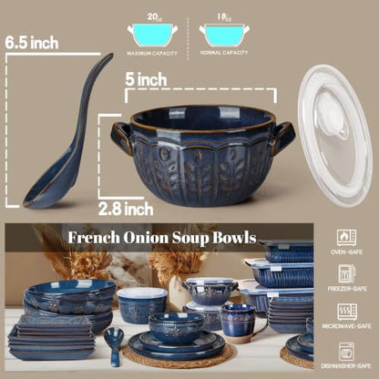 French Onion Soup Bowls with Handles and lids & Spoons, 20 Oz Ceramic Soup Crocks Oven Safe Serving Bowls for Chili, Beef Stew, Cereal, Pot Pies, Embossment, Set of 4, Blue (Wheat Leaf) - color: Blue (Wheat Leaf)