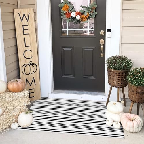 Front Door Rug 27.5"x43" Black and White Striped Outdoor Porch Rugs | Machine Washable Fall Welcome Mat Cotton Woven Entryway Rug Front Door Mats for Porch/Farmhouse/Outside Entrance Decor - color: White/Black Stripe, size: 2'4" x 3'7" (Rectangular)