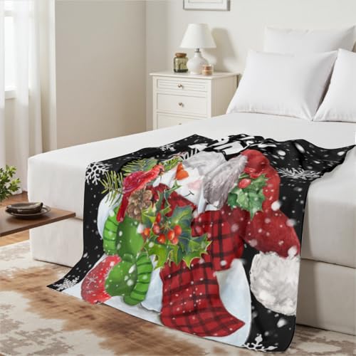 Snowman Throw Blanket Christm Red Bird Pine Cone Berry Fleece Warm Cozy Reversible Holiday Blanket 50 x 60 Inch Winter Snowflake Black Throws for Couch,Xmas Soft Blanket for Bedding Sofa - color: Snowman, size: 60 x 50 inches