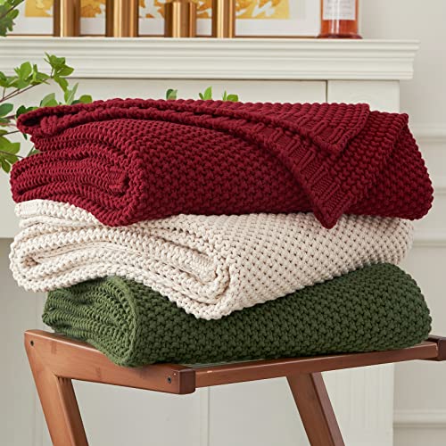 Chunky Cable Knit Throw Blanket Lightweight Burgundy 100% Organic Cotton Blanket for Sofa Couch Bed Baby Nursery, Rustic Shabby Chic Modern Farmhouse, 51” x 63” Give Laundering Bag - color: Burgundy, size: 51"x63", Standard