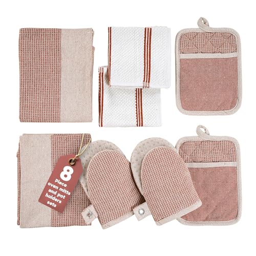 Casa Platino Potholders for Kitchens, 8-Piece – 500°F Heat Resistant Oven Mitts and Pot Holders, Mini Oven Mitt with Silicone Grip, 2 Kitchen Towels & 2 Dish Cloths – Durable & Non-Slip – Canyon Rose - color: 10: Oven Mitts - Canyon Rose, size: Oven Mitt