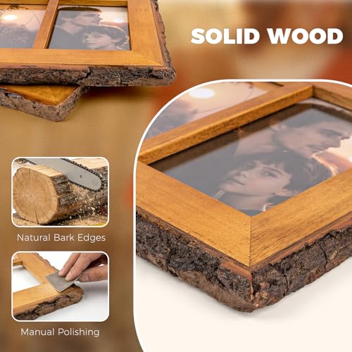 Golden State Art 4x6 Collage Picture Frame,Solid Wood&Real Glass,3 Photos | Multi Picture Frame for (3) 4x6 Photos - Natural Bark Edges Design - Farmhouse Collage Wall Decor - Rustic Brown - size: 3 Openings 4x6