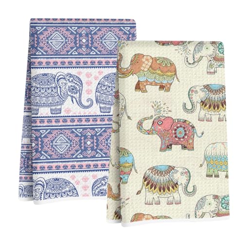 Jztco 2 Pcs Vintage Elephant Kitchen Towels, Farmhouse Dish Hand Towels | Elephant Lover Gifts for Women Mom Housewarming Gifts, Absorbent Tea Towel for Kitchen Home Decor 14 x 24 Inch - color: Multi 1346