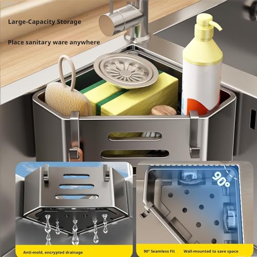 Kitchen Sink Sponge Holder – Adhesive No-Drill Caddy, Rustproof Organizer with Suction Cups | Storage Rack for Sponge, Soap, Stopper & Brush (Sink Caddy With 2 Hooks) | Kitchen Sink Sponge Holder