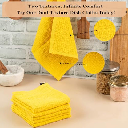 DishCloths Kitchen|Waffle Terry Check Weave Hand Towels|Cotton 12x12" Reusable Dish Rags Washing Scrub Cleaning Dishes|Dish Bar Mop Towels Hand Wipes|Spring Easter Basket Decor|6 Pc -Lemon Yellow - color: Lemon Yellow