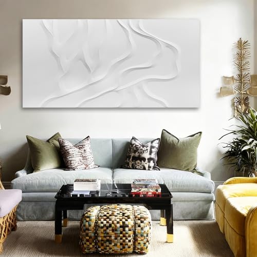 ZUNARE Hand-Painted White Abstract Wall Art for Living Room 24x48 Inch - color: White, size: 48"L x 24"W
