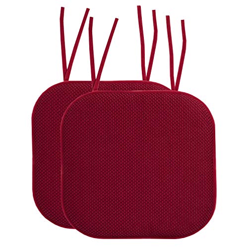Sweet Home Collection Chair Cushion Memory Foam Pads with Ties Honeycomb Pattern Slip Non Skid Rubber Back Rounded Square 16" x 16" Seat Cover, 2 Pack, Wine Burgundy - color: Wine Burgundy, size: 2 Count (Pack of 1)