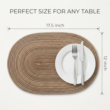 Placemats Set of 4, Woven Oval Braided Dining Table Mats(Brown) | 12 x 17.5 Inch Size Fits Plates and Flatware; Hand Washable and Heat Resistant for Kitchen Use, with Farmhouse and Boho Style - color: Brown, size: 4 pcs