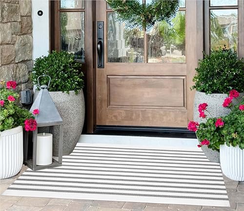 Grey & White Striped Front Porch Rug 2'x4.3' - Washable Doormat | Cotton Woven Small Area Rug for Indoor Outdoor Entryway, Porch & Home Entrance Decor - color: Grey White, size: 2' x 4'3" (Rectangular)