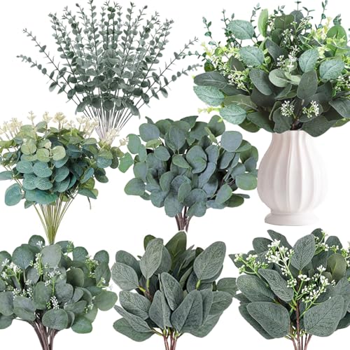 Mixed Eucalyptus Leaves Stems Bulk Artificial Silver Dollar Leaves Picks Dried Eucalyptus Bundle Faux Spray for Wedding Vase Bouquet Decor (120, Green) - color: Green