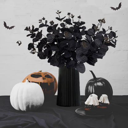 Tinsow 5 Pcs Black Artificial Eucalyptus Stems Faux Eucalyptuses Branches Black Leaf Halloween Centerpiece Halloween Home Decor (Black, 5) - color: Black