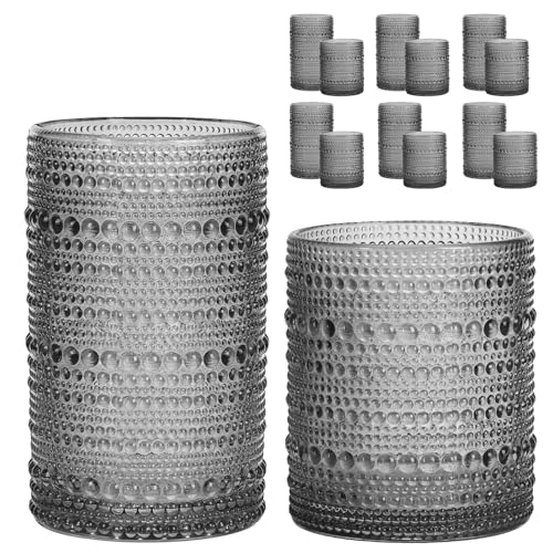 Moretoes 12 Pack Hobnail Drinking Glasses Gray Water Glass Cups Set | Mixed Vintage Glassware 6pcs 12oz Highballs & 6pcs 10oz Old Fashioned Glasses, Great for Cocktail Whisky and Other Beverages - color: Gray, size: 12pcs