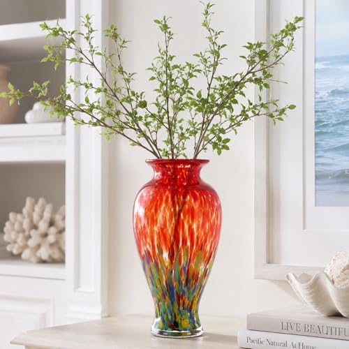 11.8" Tall Glass Vase Beautiful Hand Blown Glass Vase Modern Art Home Decor, Wide Mouth Colorful Vases for Mantle Dining Table Centerpiece, Entryway Living Room Wedding Decoration (Flame Red) - color: Flame Red