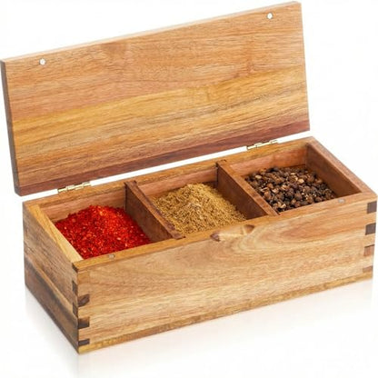 Acacia Wood Salt Cellar Spice Box with Magnetic Lid 29oz Large Capacity Salt Organizer 3 Compartments for Kitchen Countertop, Pepper, Seasonings, Spices, Grilling & Cooking - color: Acacia Wood, style: 3 Compartments