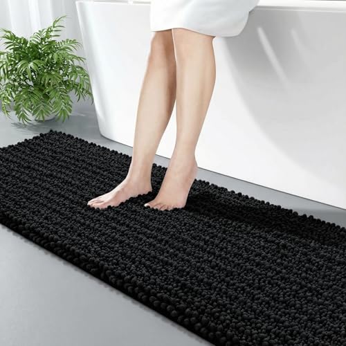 Disolla Black Bathroom Runner Rug 24x70 Inch - Extra Long Chenille Bath Mat, Luxury Shaggy Plush Absorbent Rug, Non-Slip Large Runner for Floor and Laundry Room - color: Black, size: 2' x 5'10" (24''x70'' Bathroom Rug)