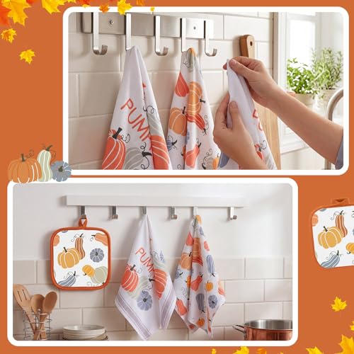 Frienda 6 Pcs Fall Pumpkin Oven Mitts Set for Farmhouse Thanksgiving | Oven Mitts Pot Holders Dish Towels Hello Pumpkin Orange Autumn Kitchen Gift Fall Decor for Farmhouse Autumn Harvest Baking - style: Fall