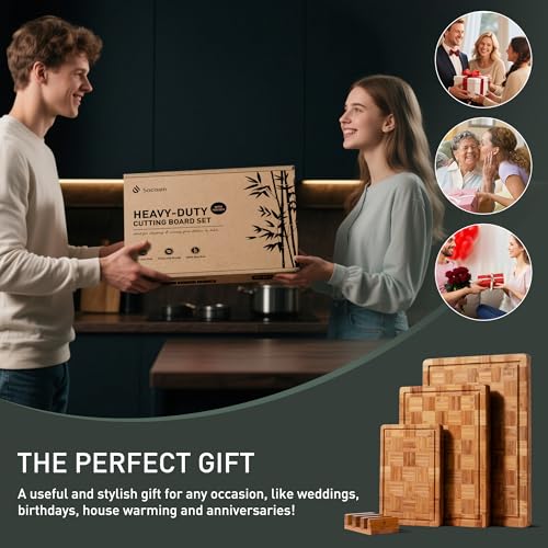 3 Pack Heavy Duty Bamboo Cutting Board Set Non Toxic Wooden Cutting Board for Kitchen Non Slip Solid End Grain Thick Wood Juice Groove Chopping Board Extra Large Butcher Block Best House Warming Gift - size: Multiple Sizes (Set of 3)