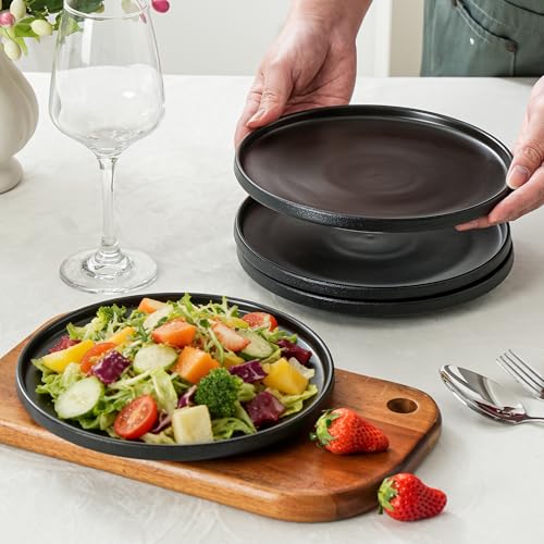 Ceramic Salad & Dessert Plates Set, 8 Inch, Set of 4, Modern Black | Stoneware, Dishwasher & Microwave Safe, Small Dinner Plates, For Cake, Fruits, Waffle, Pasta, Salad - color: Black, size: Salad Plates Set (4PCS)