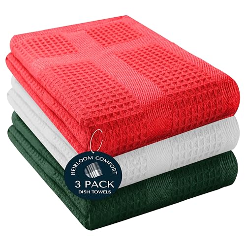 3 Pack Multi Color Waffle Weave Kitchen Towels, 16x26 Inch, 100% Cotton, Super Absorbent, Quick Dry, Hand Towels for Drying Dishes, Cleaning, Durable - Red, White, Forest Green - color: Red, White, Forest Green, style: 3 Pack