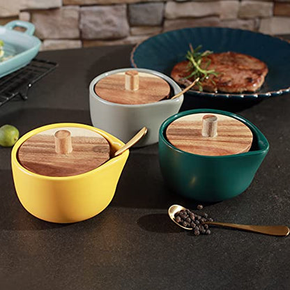 everous Salt Box base grey color Salt Cellar Elegant Design salt Boxes Big Capacity Wood lid grey Ceramic Base with spoon salt pot