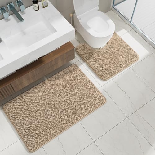 Bathroom Rug Sets 2 Piece, 20"x20" U-Shaped & 21"×34", Beige | Toilet Mat Non Slip Bath Mats Floor Set, Washable Bath Rug Set, Absorbent Soft Bathroom Rug - color: Beige