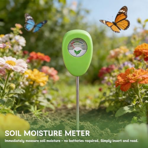 Soil Moisture Meter for Plants with pH Strips No Battery | 6.5 in soil moisture meter with Dry Moist Wet dial plus 25 pH strips for potted plants and potting soil checks