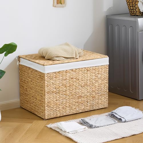 Water Hyacinth Storage Basket with Lid, 46.2 Gallon (175L) Wicker Shelf Basket with Removable Liner, Wicker Storage Basket for Blanket, for Livingroom, Bedroom, Natural - size: 27.6"L x 19.7"W x 19.7"H