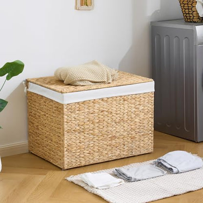 Water Hyacinth Storage Basket with Lid, 46.2 Gallon (175L) Wicker Shelf Basket with Removable Liner, Wicker Storage Basket for Blanket, for Livingroom, Bedroom, Natural - size: 27.6"L x 19.7"W x 19.7"H