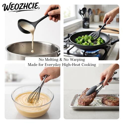 Silicone Kitchen Utensils Set,10 PCS Cooking Kitchen Utensils Set, Nonstick Kitchen Utensils 446°F Heat-Resistant Cookware Kitchen Tools of Spoon,Brush,Whisk,Spatula,Turner Tongs(Black)
