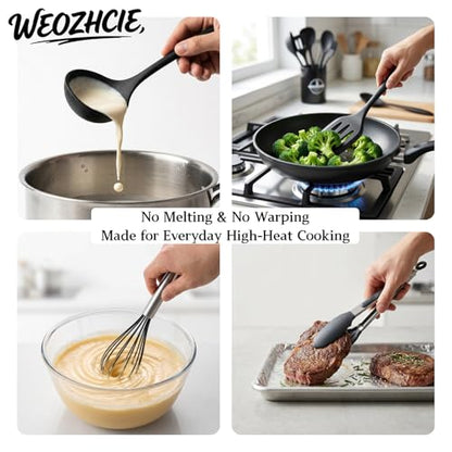 Silicone Kitchen Utensils Set,10 PCS Cooking Kitchen Utensils Set, Nonstick Kitchen Utensils 446°F Heat-Resistant Cookware Kitchen Tools of Spoon,Brush,Whisk,Spatula,Turner Tongs(Black)