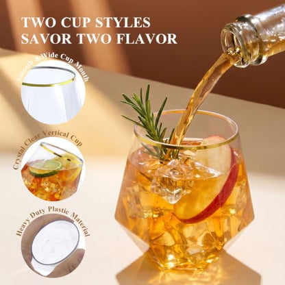 BESTSTAR 48 Pack Gold Rim Plastic Wine Glasses Set, BPA-Free Shatterproof | 24 9 OZ Stemless Champagne Flutes & 24 12OZ Diamond Wine Whiskey Glasses, Clear Drinkware for Weddings, Parties & Events - color: Gold Rim Diamond