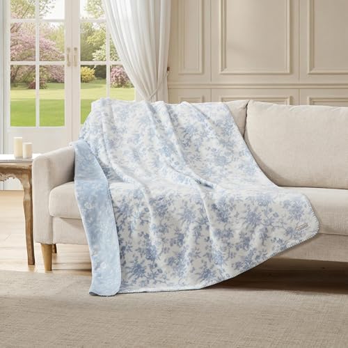 Laura Ashley - Plush Throw Blanket, 50x70, Soft and Warm with a Lightweight Feel, Reversible Floral and Stripe Design, Bedford Blue - color: Bedford Stripe Blue