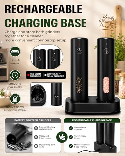 COOLMI Electric Salt and Pepper Grinder Set with Charging Base, 110ml | Rechargeable 2-Pack With 6 Grind Settings, LED Light, Ceramic Grinding Cores, 110ml Top-Fill Chambers, And One-Hand Operation