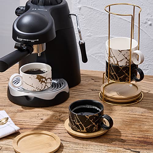 LUKA Porcelain Espresso Cup with Metal Stand, 6 Ounce Stackable Ceramic Demitasse Espresso Mugs Cappuccino Cups Set for Latte,Coffee,Cafe Mocha,Tea(Set of 4) - color: Black & White Marbling
