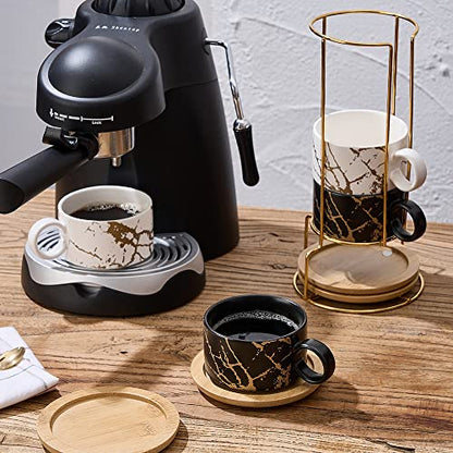 LUKA Porcelain Espresso Cup with Metal Stand, 6 Ounce Stackable Ceramic Demitasse Espresso Mugs Cappuccino Cups Set for Latte,Coffee,Cafe Mocha,Tea(Set of 4) - color: Black & White Marbling