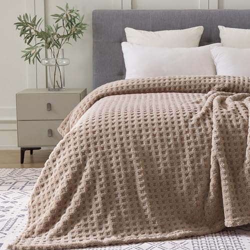 Soft Cozy Fuzzy Fleece Queen Size Blanket, Waffle Light Taupe, 90x90 Inches – Lightweight, Fluffy, and Warm 3D Jacquard All-Season Blanket for Bed, Couch, Sofa, Camping, and Travel - color: Waffle Light Taupe, size: Queen (90" x 90")
