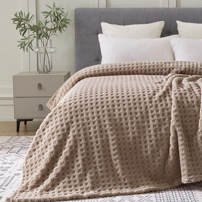 Soft Cozy Fuzzy Fleece Queen Size Blanket, Waffle Light Taupe, 90x90 Inches – Lightweight, Fluffy, and Warm 3D Jacquard All-Season Blanket for Bed, Couch, Sofa, Camping, and Travel - color: Waffle Light Taupe, size: Queen (90" x 90")