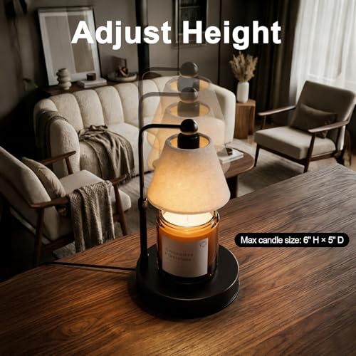 Candle Warmer Lamp with Timer, Dimmable, Adjustable Height, Modern Farmhouse Linen Shade, Black Candle Warming Lamp for Up to 6-Inch Jar Candles, 2 Bulbs Included - color: Flaxen-Conical
