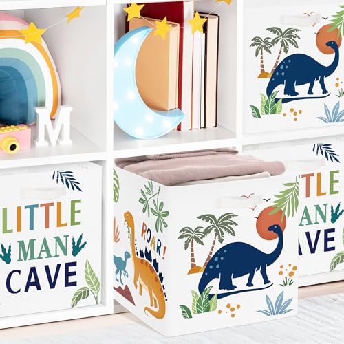 Clastyle 11.8" Dinosaur Storage Basket Set of 3 for Kid Boy Toy Clothes Bin | Collapsible Fabric Book Bin, Metal Frame Bottom Board, Cube Organizer, Closet Nursery Pantry Shelf Bedroom, Boho Dino Palm - color: Palms